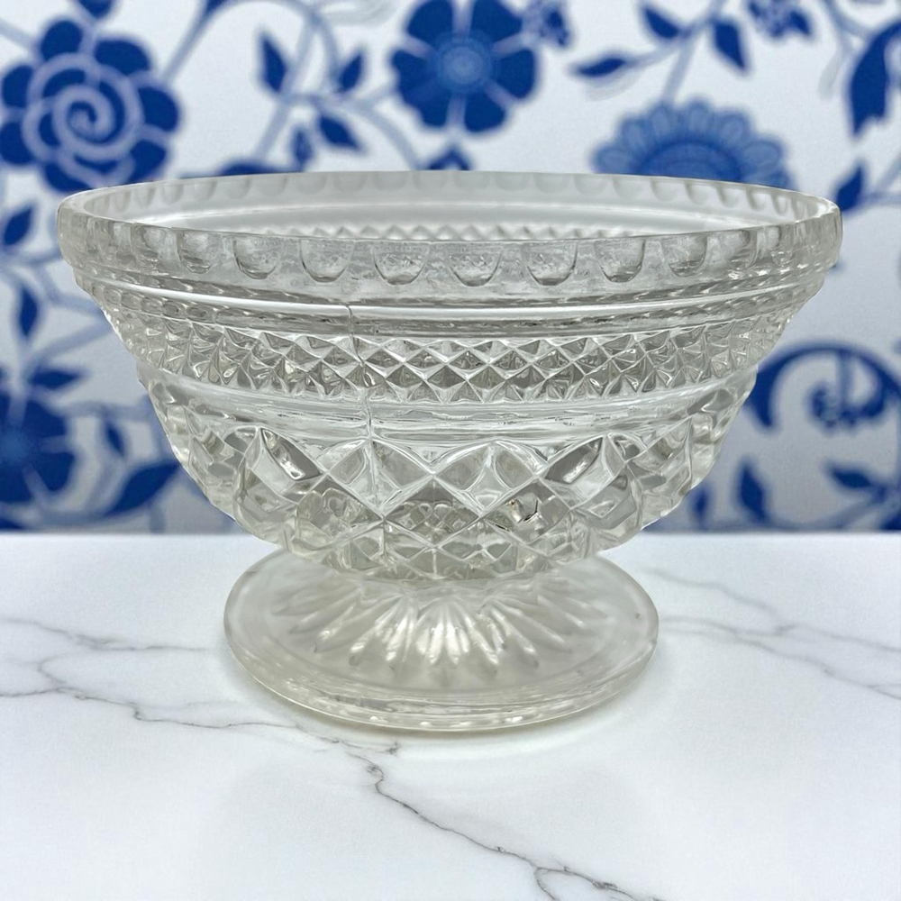 Vintage Mid-Century Pressed Glass Pedestal Bowl Clear Diamond Cut Compote Dish